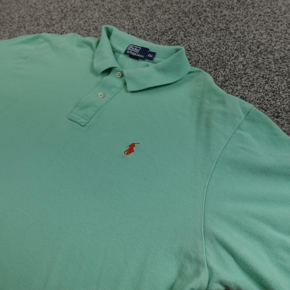 VTG Ralph Lauren Polo Shirt Mens 2XL Green Blue Pique Pony Golf Short Sleeve 90s